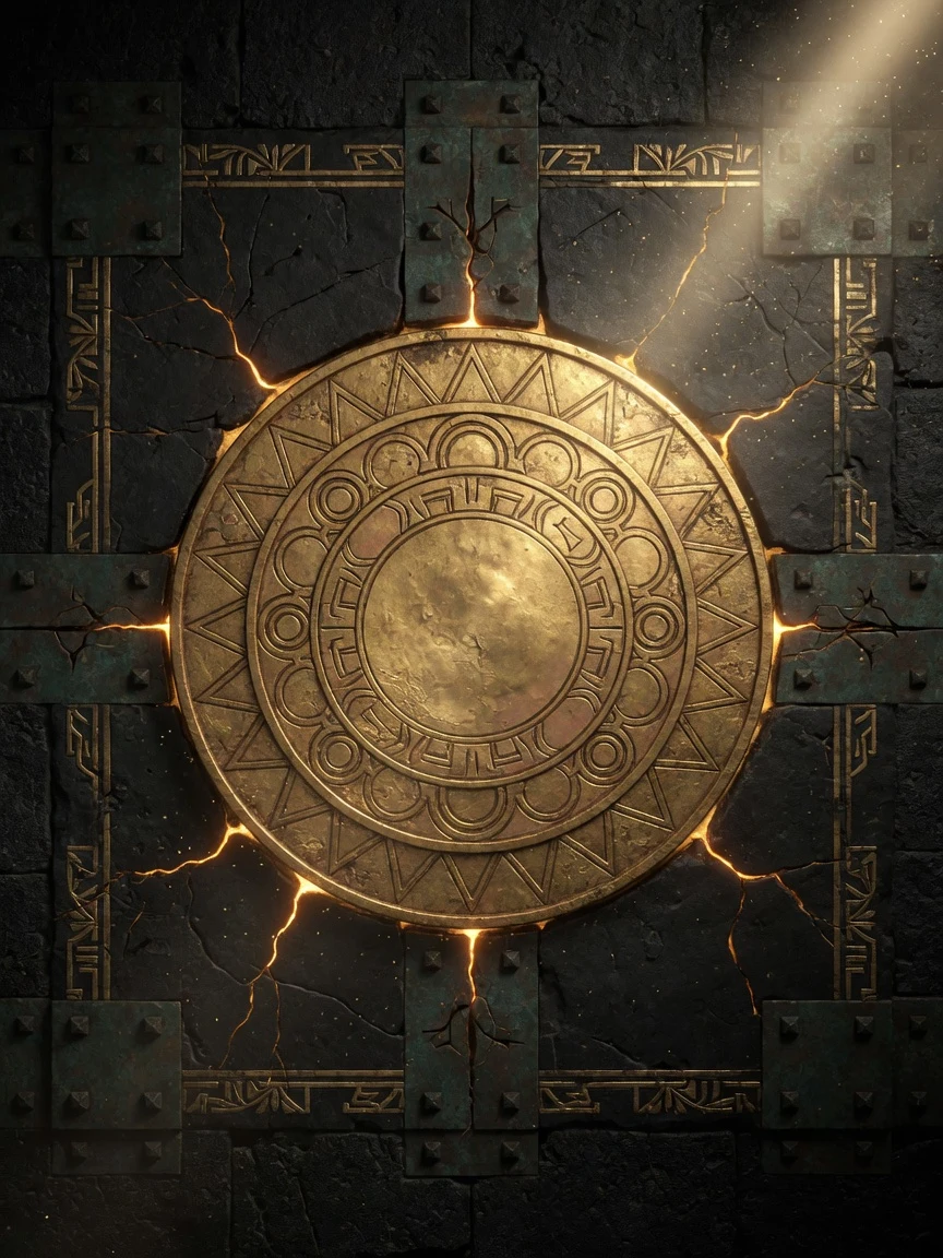 An ornate sealed stone vault with a golden circular lock and engraved borders